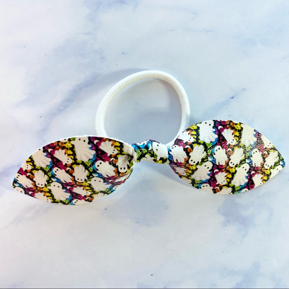 👻Rainbow ghost hair tie bow, vegan leather